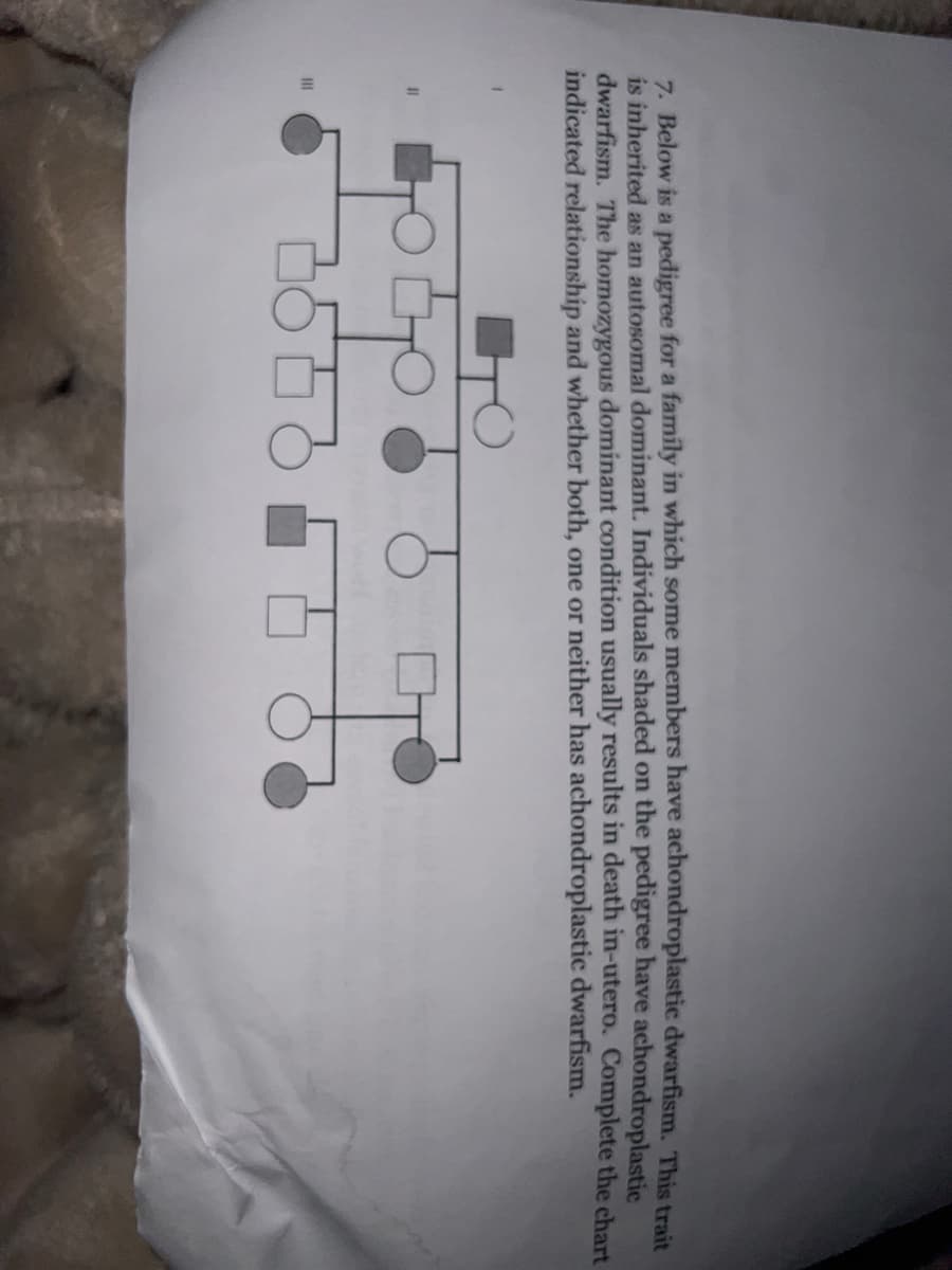 7. Below is a pedigree for a family in which some members have achondroplastic dwarfism. This trais
is inherited as an autosomal dominant. Individuals shaded on the pedigree have achondroplastic
dwarfism. The homozygous dominant condition usually results in death in-utero. Complete the chart
indicated relationship and whether both, one or neither has achondroplastic dwarfism.
