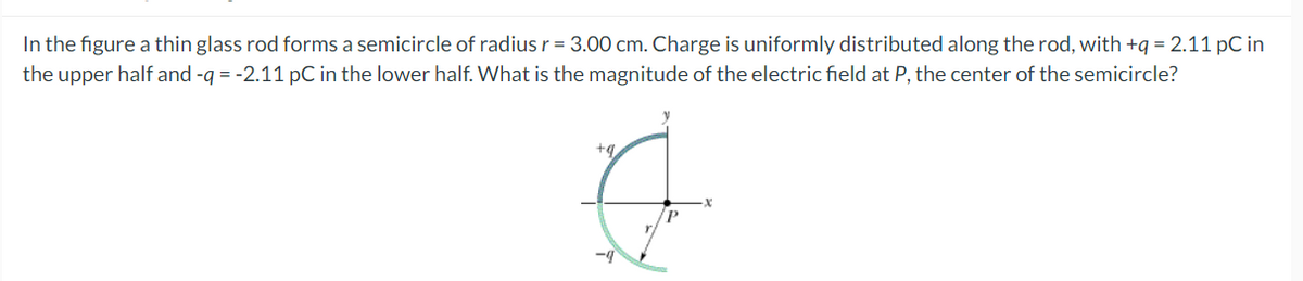 In the figure a thin glass rod forms a semicircle of radius r= 3.00 cm. Charge is uniformly distributed along the rod, with +q = 2.11 pC in
the upper half and -g = -2.11 pC in the lower half. What is the magnitude of the electric field at P, the center of the semicircle?
+q
