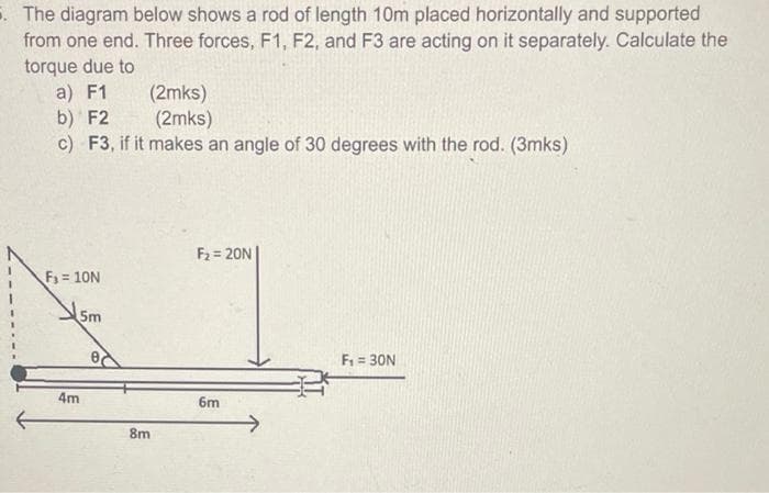 . The diagram below shows a rod of length 10m placed horizontally and supported
from one end. Three forces, F1, F2, and F3 are acting on it separately. Calculate the
torque due to
a) F1
b) F2
c) F3, if it makes an angle of 30 degrees with the rod. (3mks)
(2mks)
(2mks)
F2 = 20N|
%3D
F = 10N
sm
F = 30N
4m
6m
8m
