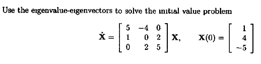 Use the eigenvalue-eigenvectors to solve the mitial value problem
5 -4 0
1
0 2
X,
X(0) =
2 5
