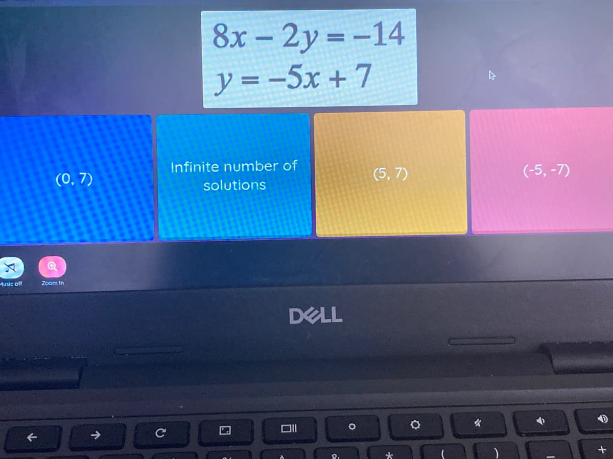 8x – 2y = -14
y = -5x + 7
(0, 7)
Infinite number of
(5, 7)
(-5, -7)
solutions
Music off
Zoom In
DELL
Cc
