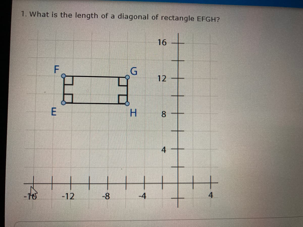 1. What is the length of a diagonal of rectangle EFGH?
16
F.
12
H.
4
-18
-12
-8
-4
4.
9.
8.
エ
