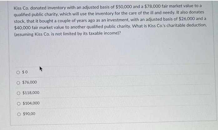 Kiss Co. donated inventory with an adjusted basis of $50,000 and a $78,000 fair market value to a
qualified public charity, which will use the inventory for the care of the ill and needy. It also donates
stock, that it bought a couple of years ago as an investment, with an adjusted basis of $26,000 and a
$40,000 fair market value to another qualified public charity. What is Kiss Co.s charitable deduction,
(assuming Kiss Co. is not limited by its taxable income)?
O s0
$76,000
$118,000
O $104,000
O $90,00
