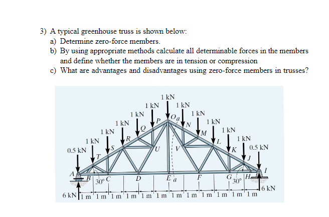 3) A typical greenhouse truss is shown below:
a) Determine zero-force members.
b) By using appropriate methods calculate all determinable forces in the members
and define whether the members are in tension or compression
c) What are advantages and disadvantages using zero-force members in trusses?
1 kN
1 kN
1 kN
1 kN
1 kN
1 kN
1 kN
(0a
N.
1 kN
1 kN
| 0.5 kN
1 kN
M
1 kN
0.5 kN
K
30° C
E a
G 30°
H.
6 kN
6 kN
m'1m'lm'1m'1m'lm1m'1m 1m'1 m 1 m'lm

