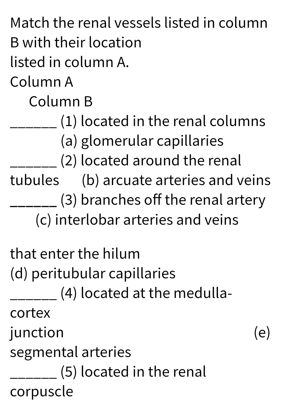 Match the renal vessels listed in column
B with their location
listed in column A.
Column A
Column B
(1) located in the renal columns
(a) glomerular capillaries
(2) located around the renal
(b) arcuate arteries and veins
(3) branches off the renal artery
(c) interlobar arteries and veins
tubules
that enter the hilum
(d) peritubular capillaries
(4) located at the medulla-
cortex
(e)
junction
segmental arteries
(5) located in the renal
corpuscle
