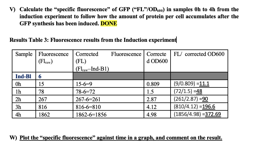 V) Calculate the "specific fluorescence" of GFP ("FL"/OD600) in samples Oh to 4h from the
induction experiment to follow how the amount of protein per cell accumulates after the
GFP synthesis has been induced. DONE
Results Table 3: Fluorescence results from the Induction experiment
Sample Fluorescence Corrected
(Flraw)
(FL)
(Flraw-Ind-B1)
Ind-Bl
Oh
1h
2h
3h
4h
6
15
78
267
816
1862
15-6=9
78-6=72
267-6-261
816-6-810
1862-6-1856
Fluorescence Correcte
d OD600
0.809
1.5
2.87
4.12
4.98
FL/ corrected OD600
(9/0.809) =11.1
(72/1.5)=48
(261/2.87) =90
(810/4.12)=196.6
(1856/4.98) =372.69
W) Plot the "specific fluorescence" against time in a graph, and comment on the result.
