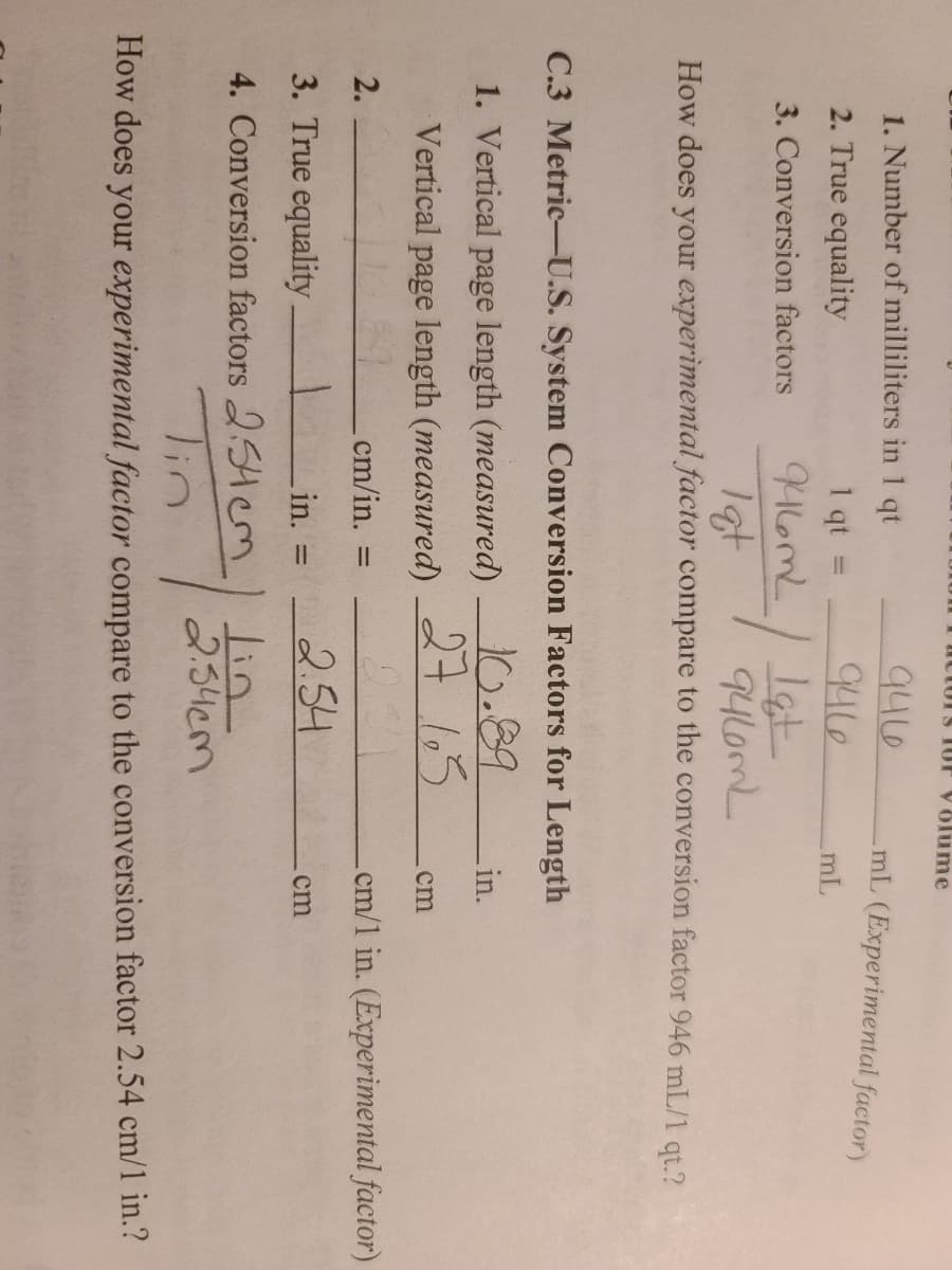 nctors TUP Völume
1. Number of milliliters in 1 qt
9416
mL (Experimental factor)
2. True equality
1 qt
9416
mL
Mome/ Lat
3. Conversion factors
How does your experimental factor compare to the conversion factor 946 mL/1 qt.?
C.3 Metric-U.S. System Conversion Factors for Length
1. Vertical page length (measured)
10.89
in.
Vertical page length (measured) 2+ 1,3
cm
2.
cm/in.
cm/1 in. (Experimental factor)
3. True equality
254
Lin. =
cm
%3D
4. Conversion factors 2SHem
Tin
lin
2:34cm
How does your experimental factor compare to the conversion factor 2.54 cm/1 in.?
