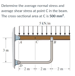 Determine the average normal stress and
average shear stress at point C in the beam.
The cross-sectional area at C is 500 mm?.
5 kN/m
A
IC
3 m
D.
2 m
-
2 m
2 m

