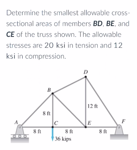 Determine the smallest allowable cross-
sectional areas of members BD, BE, and
CE of the truss shown. The allowable
stresses are 20 ksi in tension and 12
ksi in compression.
D
B
12 ft
8 ft
F
|E
8 ft
| 36 kips
A
C
8 ft
8 ft
