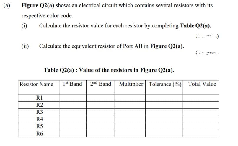 (a)
Figure Q2(a) shows an electrical circuit which contains several resistors with its
respective color code.
(i)
Calculate the resistor value for each resistor by completing Table Q2(a).
(ii)
Calculate the equivalent resistor of Port AB in Figure Q2(a).
Table Q2(a) : Value of the resistors in Figure Q2(a).
Resistor Name
1st Band
2nd Band Multiplier Tolerance (%)|
Total Value
R1
R2
R3
R4
R5
R6
