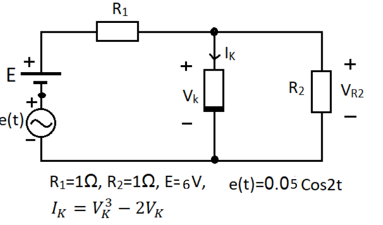 R1
IK
+
+
E
Vk
R2
VR2
e(t)
R1=12, R2=12, E=6V, e(t)=0.05 Cos2t
Ig = V – 2VK
3
-
