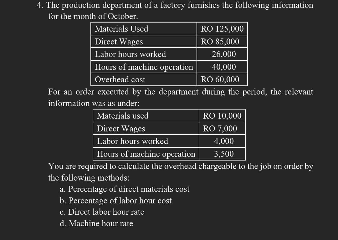 4. The production department of a factory furnishes the following information
for the month of October.
Materials Used
RO 125,000
Direct Wages
RO 85,000
Labor hours worked
26,000
Hours of machine operation
40,000
Overhead cost
RO 60,000
For an order executed by the department during the period, the relevant
information was as under:
Materials used
RO 10,000
Direct Wages
RO 7,000
Labor hours worked
4,000
Hours of machine operation
3,500
You are required to calculate the overhead chargeable to the job on order by
the following methods:
a. Percentage of direct materials cost
b. Percentage of labor hour cost
c. Direct labor hour rate
d. Machine hour rate

