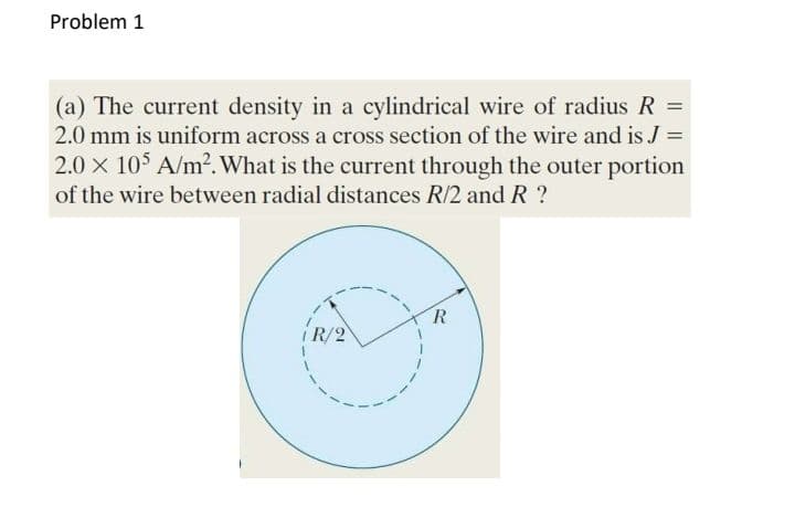 Problem 1
(a) The current density in a cylindrical wire of radius R =
2.0 mm is uniform across a cross section of the wire and is J =
2.0 x 105 A/m². What is the current through the outer portion
of the wire between radial distances R/2 and R ?
R
R/2
