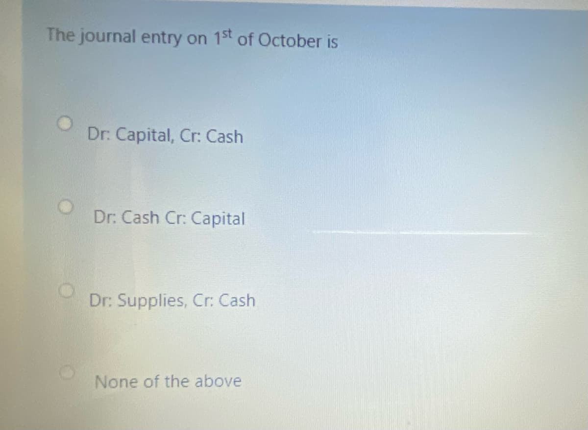 The journal entry on 1st of October is
Dr: Capital, Cr: Cash
Dr. Cash Cr: Capital
Dr: Supplies, Cr: Cash
None of the above
