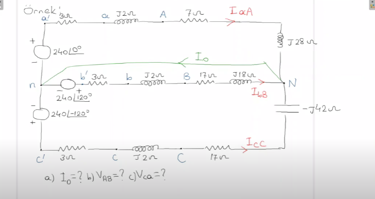 Örnek;
BUL
I aA
A
J 28 ur
240/0°
Io
b' 3r
B 172
J182
240L120°
-742r
240(-120°
Icc
J 22
a) 1o=? b) VAB=? c)Vca=?
