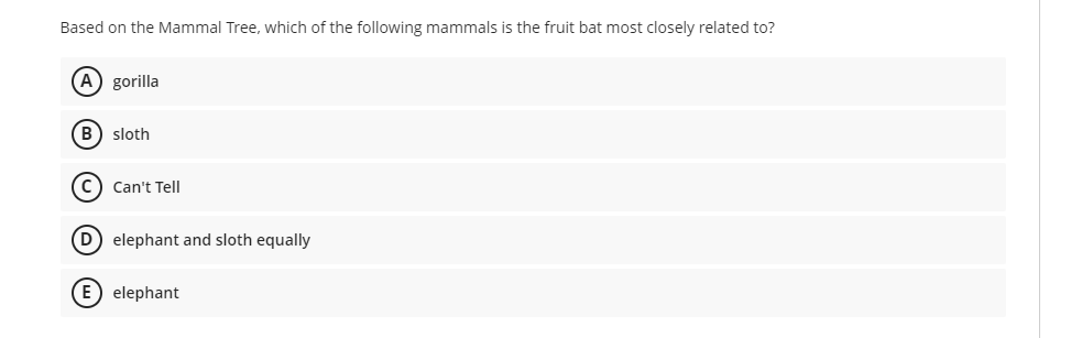 Based on the Mammal Tree, which of the following mammals is the fruit bat most closely related to?
(A) gorilla
B) sloth
C) Can't Tell
(D) elephant and sloth equally
E) elephant
ම ම ම ම ම