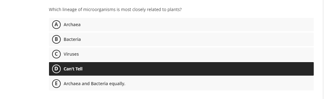 Which lineage of microorganisms is most closely related to plants?
A) Archaea
B Bacteria
C) Viruses
(D Can't Tell
(E) Archaea and Bacteria equally.