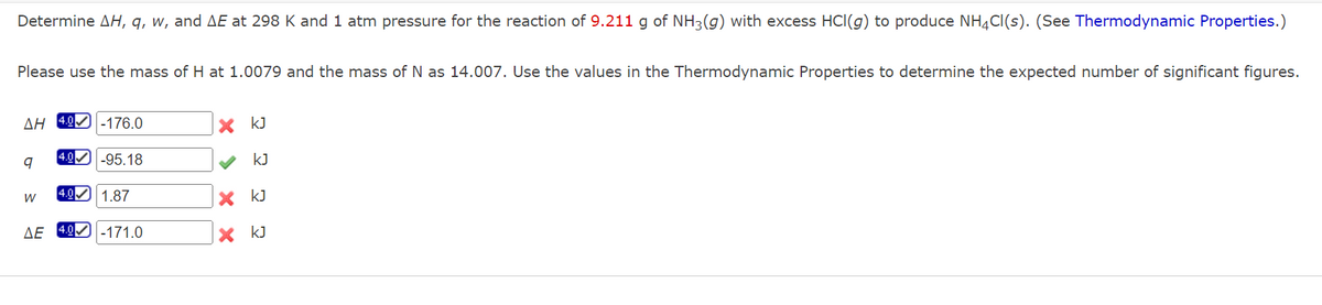 Determine AH, q, w, and AE at 298 K and 1 atm pressure for the reaction of 9.211 g of NH3(g) with excess HCI(g) to produce NH4Cl(s). (See Thermodynamic Properties.)
Please use the mass of H at 1.0079 and the mass of N as 14.007. Use the values in the Thermodynamic Properties to determine the expected number of significant figures.
ΔΗ 4.00 -176.0
9
W
4.0-95.18
4.0 1.87
AE 4.0 -171.0
X KJ
kJ
X KJ
X KJ