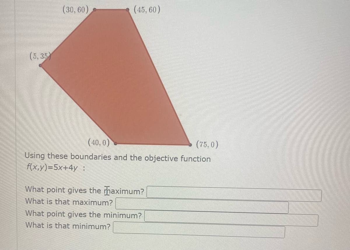 (5,35)
(30, 60)
(45, 60)
(40,0)
(75,0)
Using these boundaries and the objective function
f(x,y)=5x+4y :
What point gives the maximum?
What is that maximum?
What point gives the minimum?
What is that minimum?