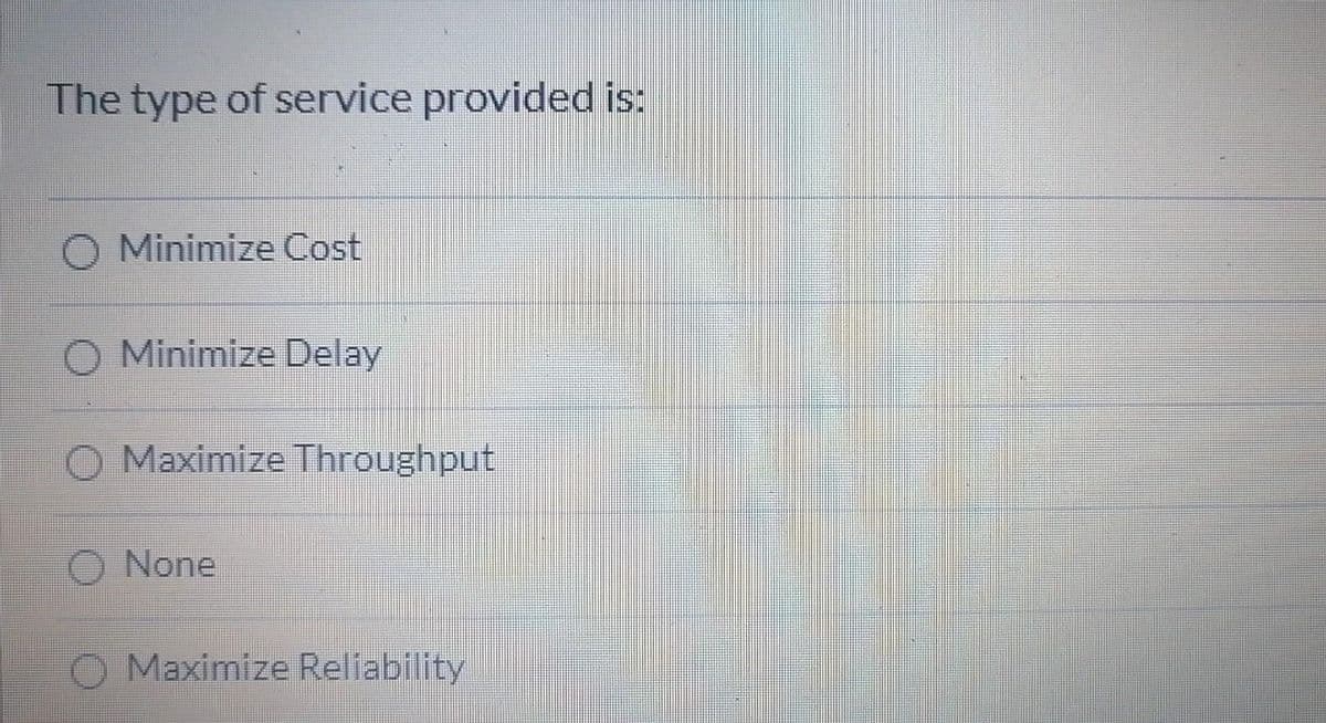 The type of service provided is:
Minimize Cost
Minimize Delay
Maximize Throughput
None
Maximize Reliability
