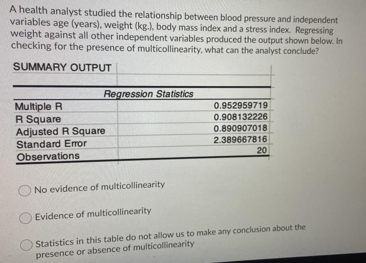 A health analyst studied the relationship between blood pressure and independent
variables age (years), weight (kg.), body mass index and a stress index. Regressing
weight against all other independent variables produced the output shown below. In
checking for the presence of multicollinearity, what can the analyst conclude?
SUMMARY OUTPUT
Regression Statistics
Multiple R
R Square
Adjusted R Square
Standard Error
0.952959719
0.908132226
0.890907018
2.389667816
20
Observations
No evidence of multicollinearity
Evidence of multicollinearity
Statistics in this table do not allow us to make any conclusion about the
presence or absence of multicollinearity

