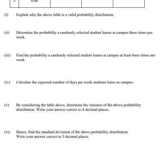 0.06
(i)
Explain why the above table is a valid probability distribution.
(ii)
Determine the probability a randomly selected student learns at campus three times per
week.
(iii)
Find the probability a randomly selected student learns at campus at least three times per
week.
(iv)
Calculate the expected number of days per week students learn on campus.
(v)
By considering the table above, determine the variance of the above probability
distribution. Write your answer correct to 4 decimal places.
(vi)
Hence, find the standard deviation of the above probability distribution.
Write your answer correct to 3 decimal places.
