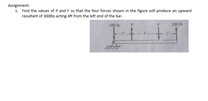 Assignment:
1. Find the values of P and F so that the four forces shown in the figure will produce an upward
resultant of 300lbs acting 4ft from the left end of the bar.
100 lb
200 lb
2'-
-3'
