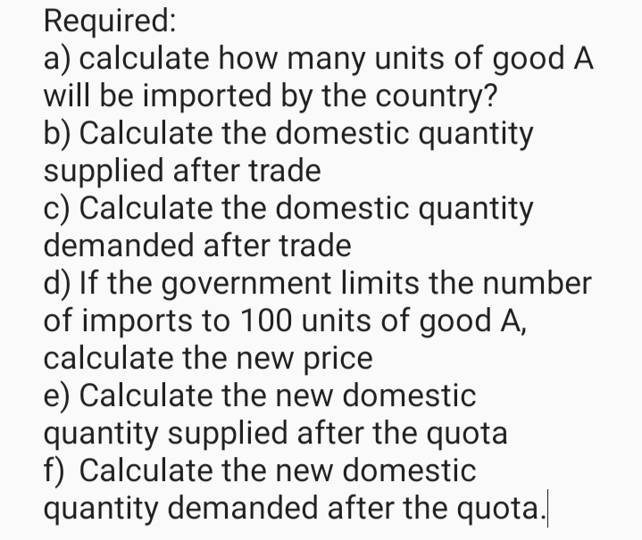 Required:
a) calculate how many units of good A
will be imported by the country?
b) Calculate the domestic quantity
supplied after trade
c) Calculate the domestic quantity
demanded after trade
d) If the government limits the number
of imports to 100 units of good A,
calculate the new price
e) Calculate the new domestic
quantity supplied after the quota
f) Calculate the new domestic
quantity demanded after the quota.