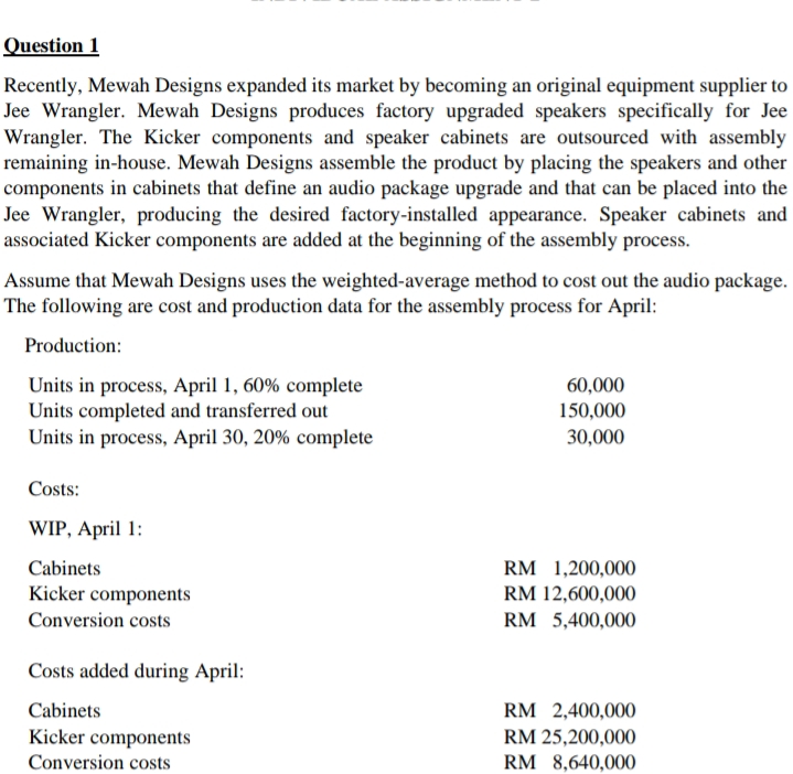 Question 1
Recently, Mewah Designs expanded its market by becoming an original equipment supplier to
Jee Wrangler. Mewah Designs produces factory upgraded speakers specifically for Jee
Wrangler. The Kicker components and speaker cabinets are outsourced with assembly
remaining in-house. Mewah Designs assemble the product by placing the speakers and other
components in cabinets that define an audio package upgrade and that can be placed into the
Jee Wrangler, producing the desired factory-installed appearance. Speaker cabinets and
associated Kicker components are added at the beginning of the assembly process.
Assume that Mewah Designs uses the weighted-average method to cost out the audio package.
The following are cost and production data for the assembly process for April:
Production:
Units in process, April 1, 60% complete
Units completed and transferred out
Units in process, April 30, 20% complete
60,000
150,000
30,000
Costs:
WIP, April 1:
Cabinets
RM 1,200,000
Kicker components
RM 12,600,000
Conversion costs
RM 5,400,000
Costs added during April:
RM 2,400,000
RM 25,200,000
RM 8,640,000
Cabinets
Kicker components
Conversion costs
