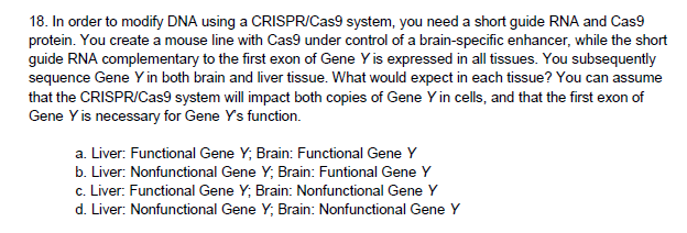 protein. You create a mouse line with Cas9 under control of a brain-specific enhancer, while the short
guide RNA complementary to the first exon of Gene Y is expressed in all tissues. You subsequently
sequence Gene Y in both brain and liver tissue. What would expect in each tissue? You can assume
that the CRISPRICas9 system will impact both copies of Gene Y in cells, and that the first exon of
Gene Y is necessary for Gene Ys function.
a. Liver: Functional Gene Y; Brain: Functional Gene Y
b. Liver: Nonfunctional Gene Y; Brain: Funtional Gene Y
c. Liver: Functional Gene Y; Brain: Nonfunctional Gene Y
d. Liver: Nonfunctional Gene Y; Brain: Nonfunctional Gene Y
