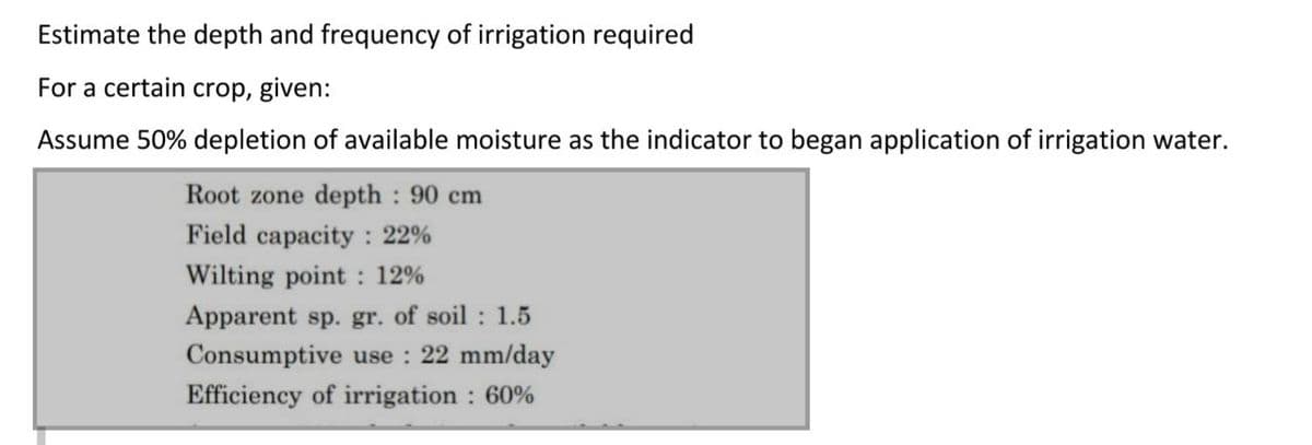 Estimate the depth and frequency of irrigation required
For a certain crop, given:
Assume 50% depletion of available moisture as the indicator to began application of irrigation water.
Root zone depth : 90 cm
Field capacity : 22%
Wilting point : 12%
Apparent sp. gr. of soil: 1.5
Consumptive use : 22 mm/day
Efficiency of irrigation : 60%