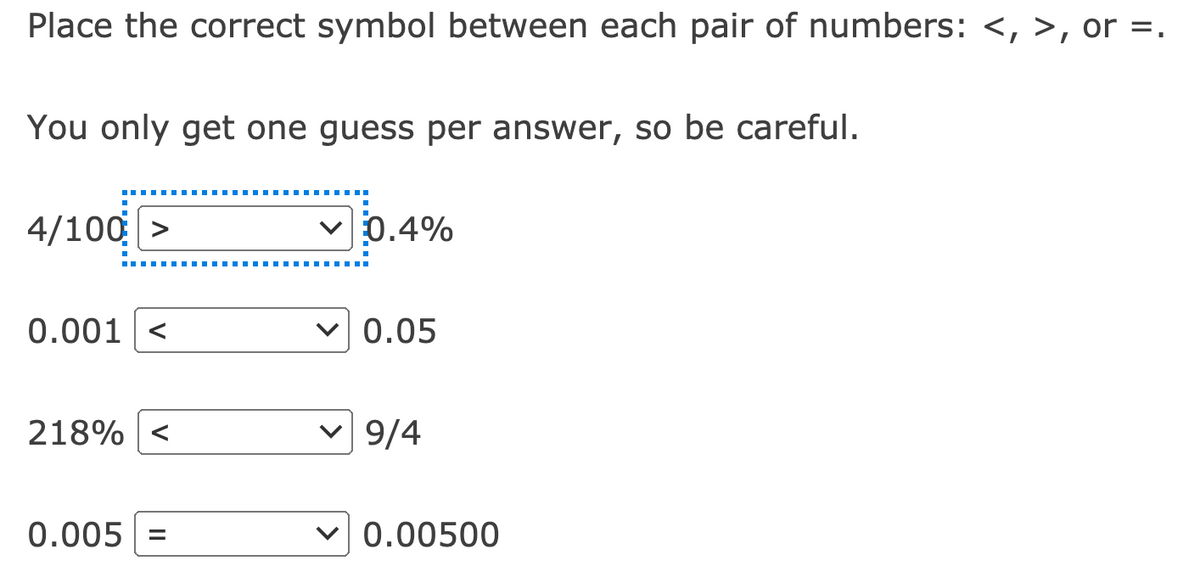 Place the correct symbol between each pair of numbers: <, >, or =.
You only get one guess per answer, so be careful.
...
4/100 >
v 0.4%
0.001 <
0.05
218% <
v 9/4
0.005
0.00500
