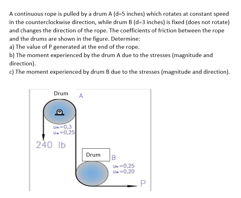 A continuous rope is pulled by a drum A (d=5 inches) which rotates at constant speed
in the counterclockwise direction, while drum B (d=3 inches) is fixed (does not rotate)
and changes the direction of the rope. The coefficients of friction between the rope
and the drums are shown in the figure. Determine:
a) The value of P generated at the end of the rope.
b) The moment experienced by the drum A due to the stresses (magnitude and
direction).
c) The moment experienced by drum B due to the stresses (magnitude and direction).
Drum
A
U=0,3
U.=0,25
240 lb
Drum
Un =0,25
Un =0,20
-P
