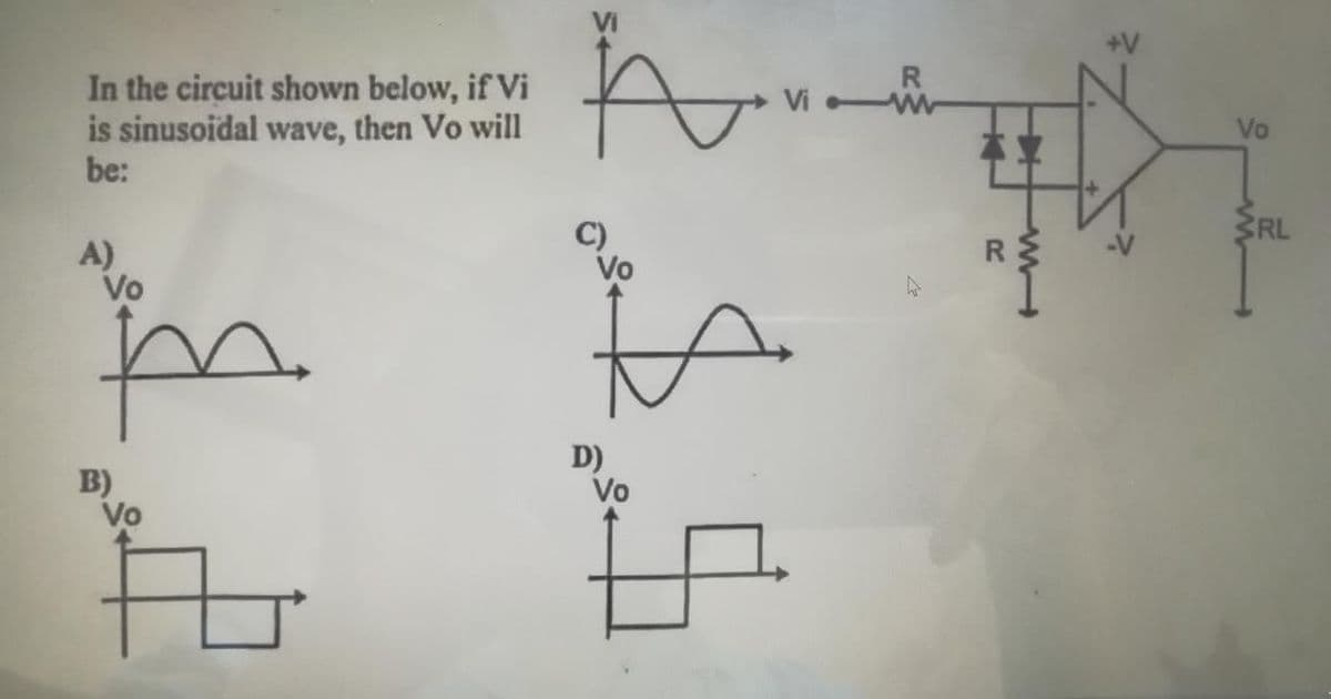 +V
R
In the circuit shown below, if Vi
is sinusoidal wave, then Vo will
be:
Vo
SRL
A)
Vo
C)
Vo
D)
Vo
B)
Vo
