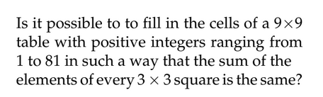 Is it possible to to fill in the cells of a 9×9
table with positive integers ranging from
1 to 81 in such a way that the sum of the
elements of every 3 × 3 square is the same?