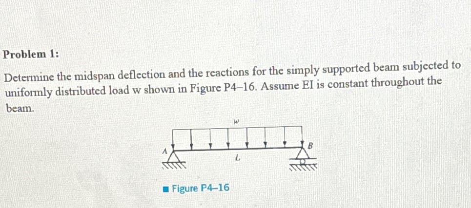 Problem 1:
Determine the midspan deflection and the reactions for the simply supported beam subjected to
uniformly distributed load w shown in Figure P4-16. Assume EI is constant throughout the
beam.
Figure P4-16
W
し