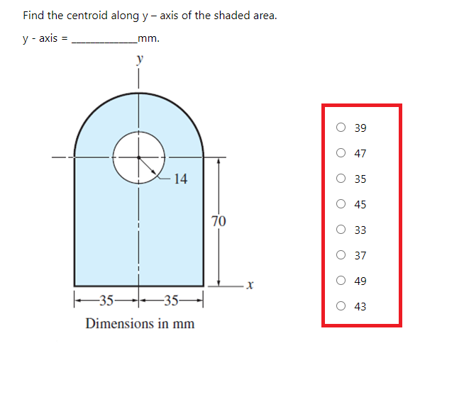 Find the centroid along y - axis of the shaded area.
у -аxis
_mm.
39
O 47
14
O 35
45
70
О 3
37
49
-35–-35–
43
Dimensions in mm
