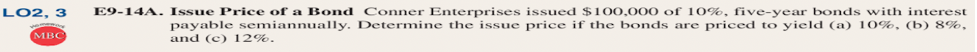 LO2, 3
E9-14A. Issue Price of a Bond Conner Enterprises issued $100,000 of 10%, five-year bonds with interest
payable semiannually. Determine the issue price if the bonds are priced to yield (a) 10%, (b) 8%,
and (c) 12%.
MBC
