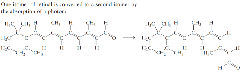 One isomer of retinal is converted to a second isomer by
the absorption of a photon:
CH3
H
CH3
H
H;C CH; H
CH3
H
H;C CH; H
C=0
H,C
H,C'
H
H;C´
_H
H2C_
CH2
H
H
H2C
"CH2
H
`CH3
`CH3
H
