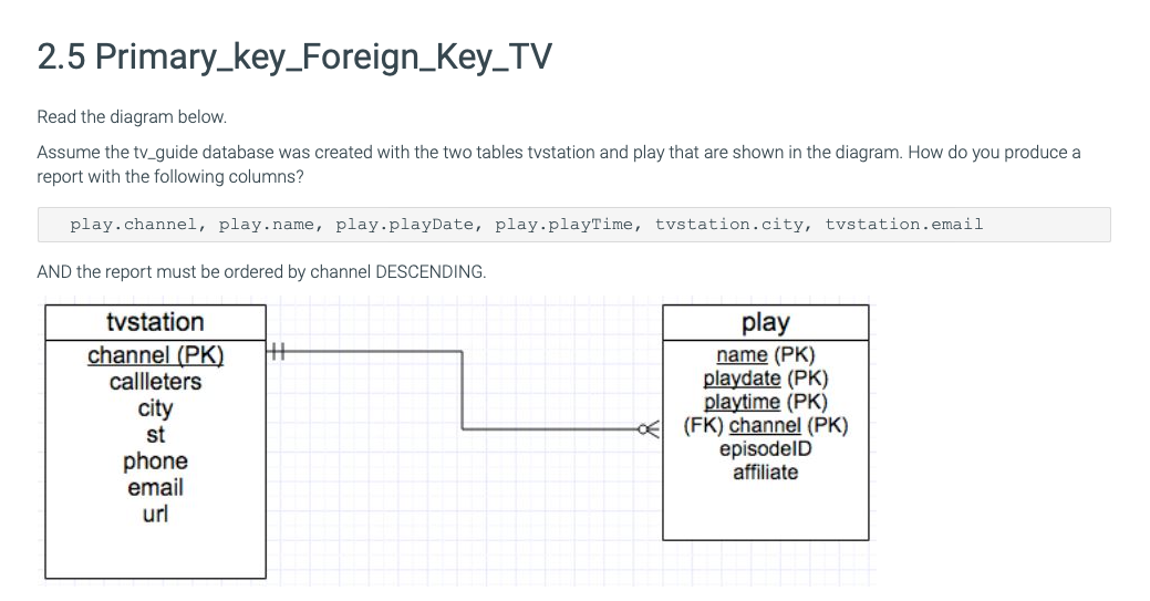 2.5 Primary_key_Foreign_Key_TV
Read the diagram below.
Assume the tv_guide database was created with the two tables tvstation and play that are shown in the diagram. How do you produce a
report with the following columns?
play.channel, play.name, play.playDate, play.playTime, tvstation.city, tvstation.email
AND the report must be ordered by channel DESCENDING.
tvstation
channel (PK)
callleters
city
st
phone
email
url
H+
play
name (PK)
playdate (PK)
playtime (PK)
(FK) channel (PK)
episodelD
affiliate