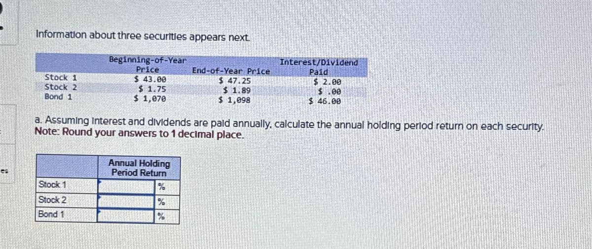 Information about three securities appears next.
Stock 1
Stock 2
Bond 1
Beginning-of-Year
Price
Stock 1
Stock 2
Bond 1
$ 43.00
$1.75
$ 1,070
a. Assuming Interest and dividends are paid annually, calculate the annual holding period return on each security.
Note: Round your answers to 1 decimal place.
Annual Holding
Period Return
1%
End-of-Year Price
$ 47.25
$ 1.89
$ 1,098
%
Interest/Dividend
Paid
$ 2.00
$.00
$ 46.00
