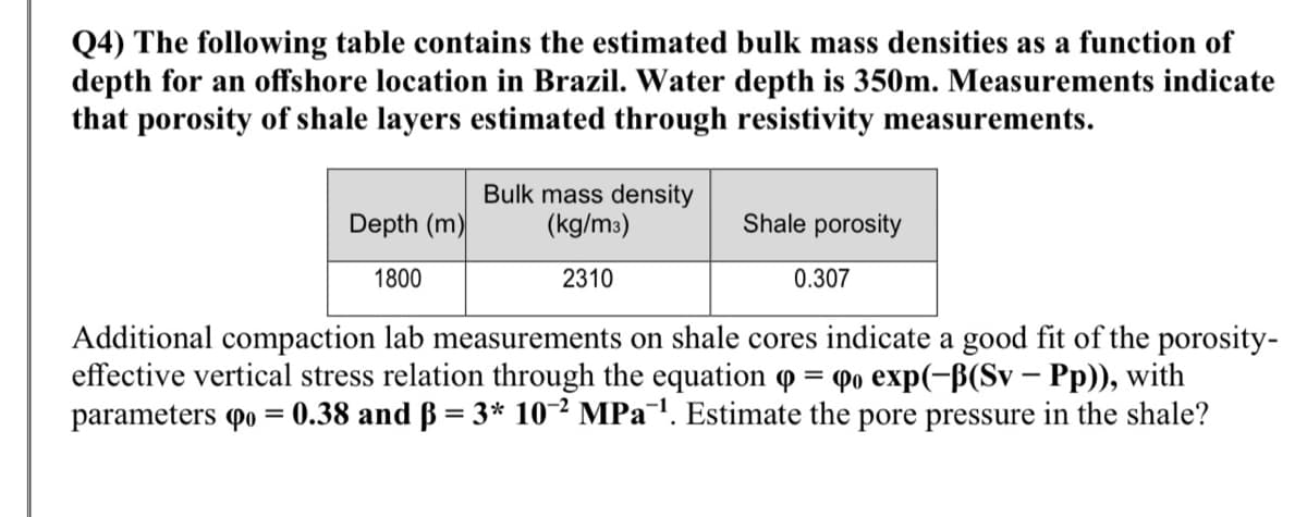 Q4) The following table contains the estimated bulk mass densities as a function of
depth for an offshore location in Brazil. Water depth is 350m. Measurements indicate
that porosity of shale layers estimated through resistivity measurements.
Depth (m)
Bulk mass density
(kg/m3)
Shale porosity
1800
2310
0.307
Additional compaction lab measurements on shale cores indicate a good fit of the porosity-
effective vertical stress relation through the equation o = 9o exp(-ß(Sv – Pp)), with
parameters po = 0.38 and ß = 3* 10² MPA¬. Estimate the pore pressure in the shale?
%3D
%3D
