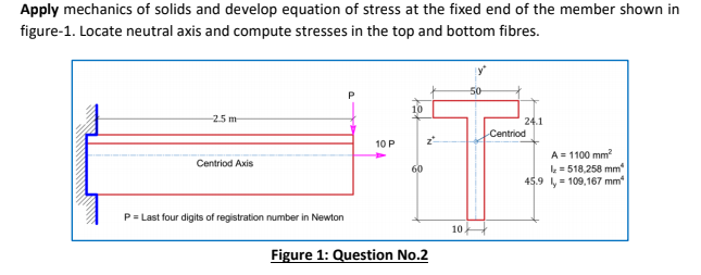 Apply mechanics of solids and develop equation of stress at the fixed end of the member shown in
figure-1. Locate neutral axis and compute stresses in the top and bottom fibres.
50
10
25 m
24.1
Centriod
z
10 P
A = 1100 mm
Centriod Axis
k = 518,258 mm
45.9 y= 109,167 mm
60
P= Last four digits of registration number in Newton
10.
Figure 1: Question No.2
