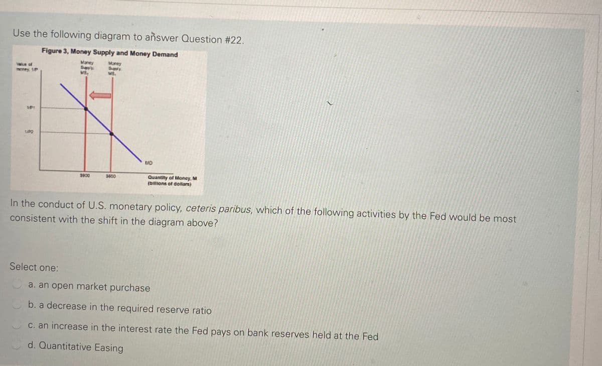 Use the following diagram to answer Question #22.
Figure 3, Money Supply and Money Demand
Money
Suppy
MB
Money
Suppiy
MS
We of
money, 1P
1P1
MD
Quantity of Money, M
(Dilions of dollars)
SB00
5800
In the conduct of U.S. monetary policy, ceteris paribus, which of the following activities by the Fed would be most
consistent with the shift in the diagram above?
Select one:
a. an open market purchase
b. a decrease in the required reserve ratio
C. an increase in the interest rate the Fed pays on bank reserves held at the Fed
d. Quantitative Easing
