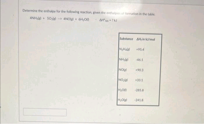 Determine the enthalpy for the following reaction, given the enthalpies of formation in the table.
4NH3(g) + 50₂(g) 4NO(g) + 6H₂O(
..
AH?KJ
Substance AH in kJ/mol
N₂Hels)
NH3(8)
NOG)
NO₂)
H₂000
H₂O(g)
+95.4
-46.1
+90.3
+33.1
-285.8
-241.8