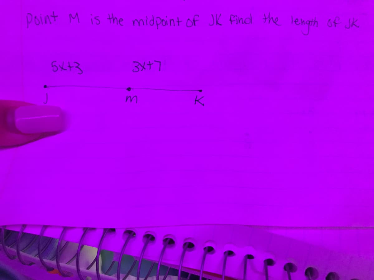 Point M is the midpoint of JK find the length of JK
5x+3
3x+7
K.
