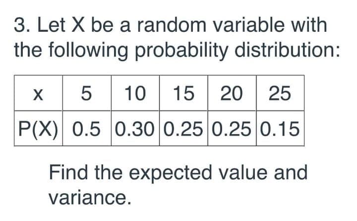 3. Let X be a random variable with
the following probability distribution:
х 5
5 10 15
20 25
P(X) 0.5 0.30 0.25 0.25 0.15
Find the expected value and
variance.
