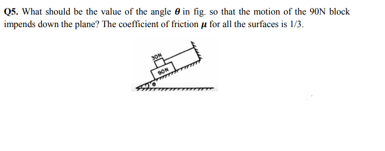 Q5. What should be the value of the angle 0 in fig. so that the motion of the 90N block
impends down the plane? The coefficient of friction u for all the surfaces is 1/3.
3ON
SON

