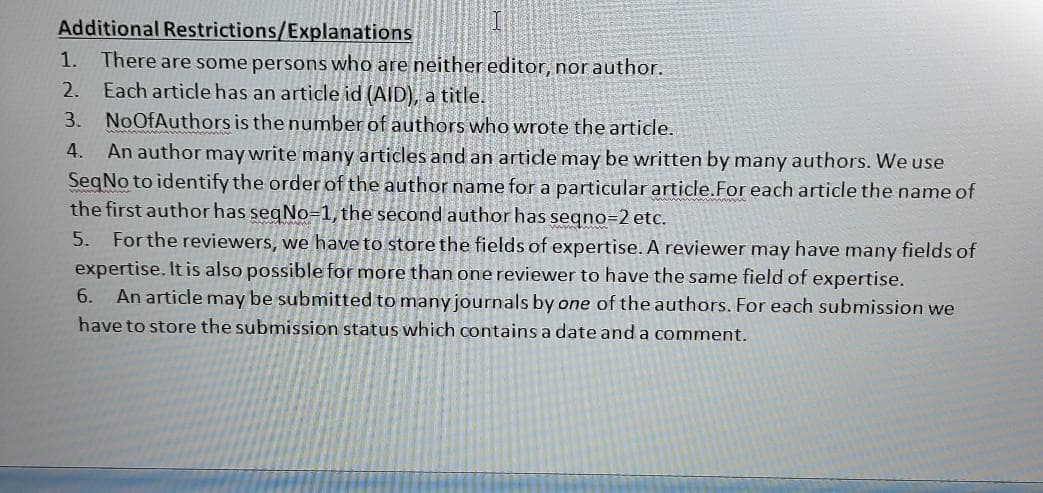 Additional Restrictions/Explanations
1.
There are some persons who are neither editor, nor author.
Each article has an article id (AID), a title.
NoOfAuthors is the number of authors who wrote the article.
2.
3.
4.
An author
may write many articles and an article may be written by many authors. We use
SeqNo to identify the order of the author name for a particular article.For each article the name of
the first author has segNo=1, the second author has segno=2 etc.
5. For the reviewers, we have to store the fields of expertise. A reviewer may have many fields of
expertise. It is also possible for more than one reviewer to have the same field of expertise.
An article may be submitted to many journals by one of the authors. For each submission we
6.
have to store the submission status which contains a date and a comment.
