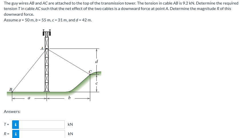 The guy wires AB and AC are attached to the top of the transmission tower. The tension in cable AB is 9.2 kN. Determine the required
tension Tin cable AC such that the net effect of the two cables is a downward force at point A. Determine the magnitude R of this
downward force.
Assume a = 50 m, b = 55 m, c = 31 m, and d = 42 m.
d
Answers:
T= i
kN
R =
i
kN
